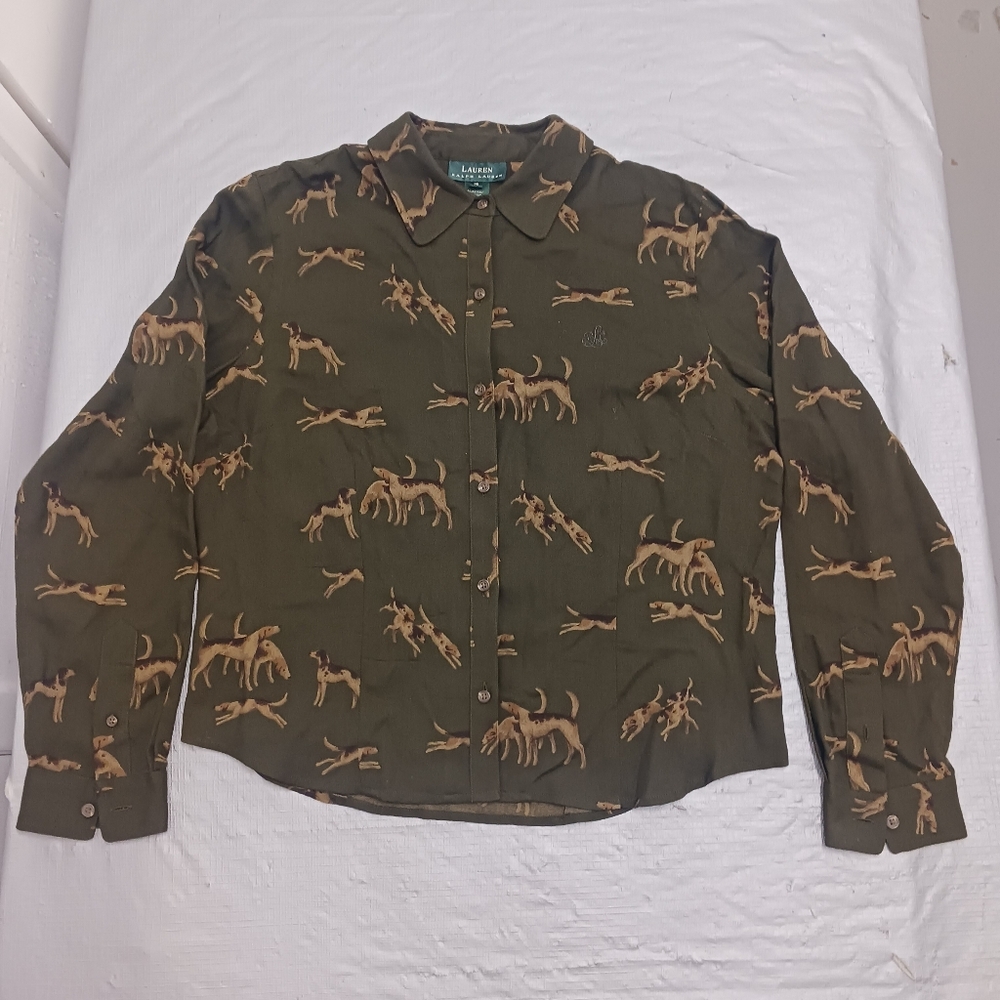 Ralph Lauren Ladies Blouse Hunting Dog Print Size 14 Long Sleeve